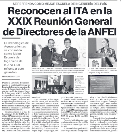 Reconocen al ITA en la XXIX Reunión General de Directores de la ANFEI, El Hidrocálido de Aguascalientes