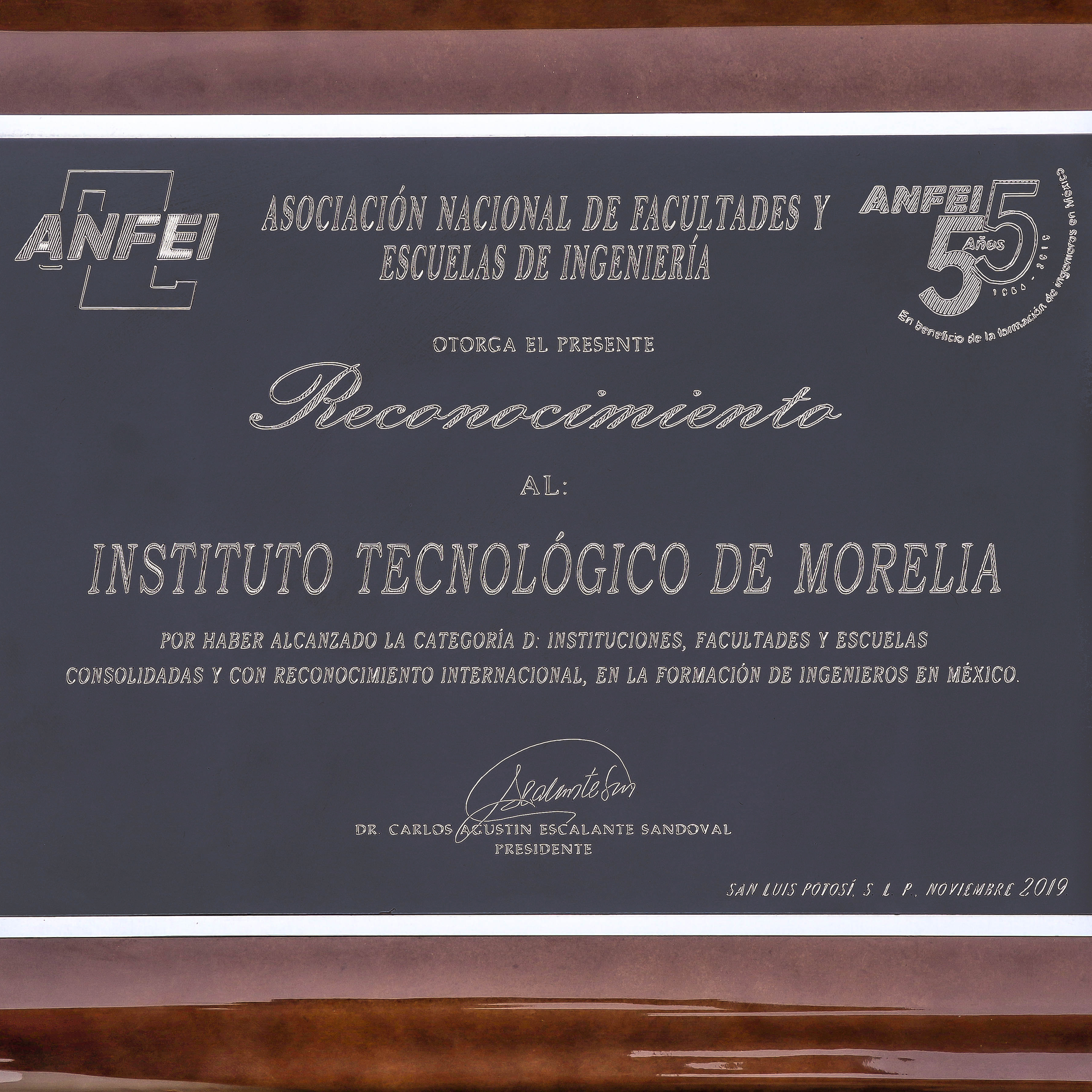 2019, 1° RECONOCIMIENTO ANFEI MEJOR ESCUELA INGENIERÍA