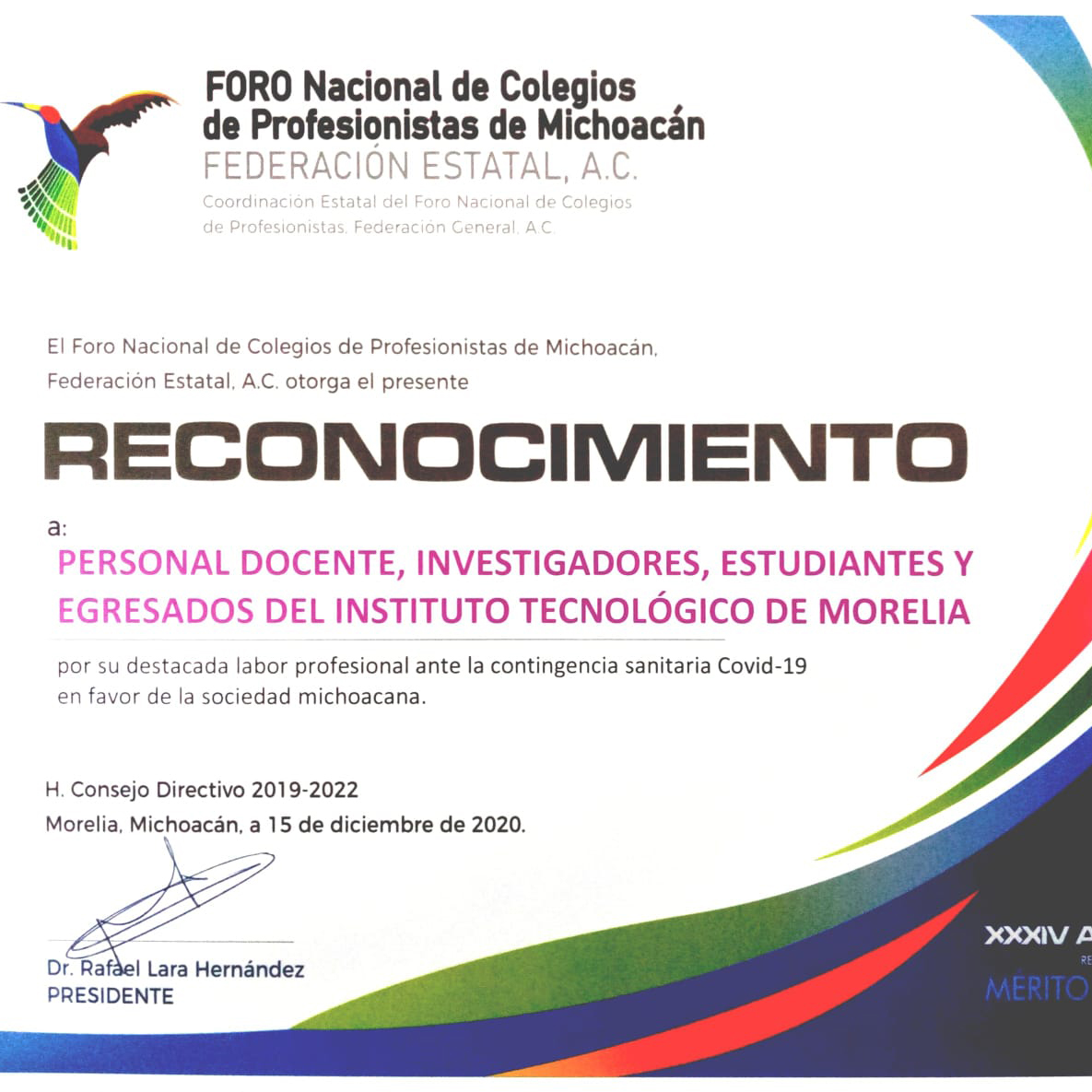 2020, Reconocimiento Foro Nacional de Colegios de Profesionistas de Mich.