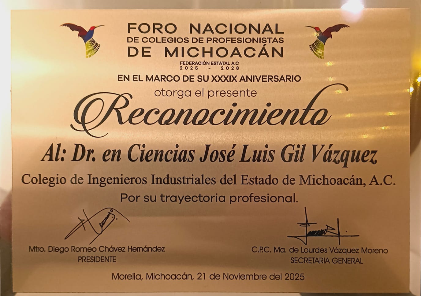 Distinción al Mérito Profesional del año 2025, por el Foro de profesionistas del Estado de Michoacán y el Colegio de Ingenieros Industriales